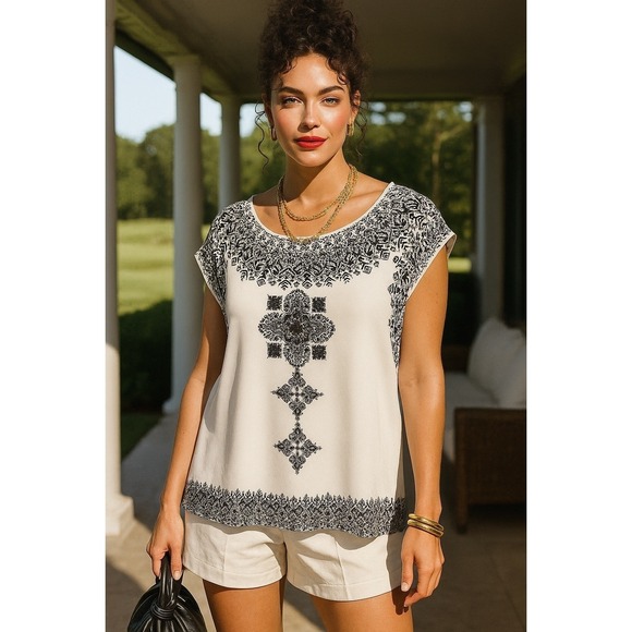 Womens Sleeveless‎ Blouse Top Black White Patterned Print Casual - Picture 1 of 7